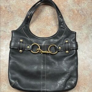 Coach Black Leather Shoulder Bag with Gold Accents